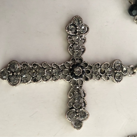 Silver Cross Pendant Necklace with Black Beads - Picture 5 of 9